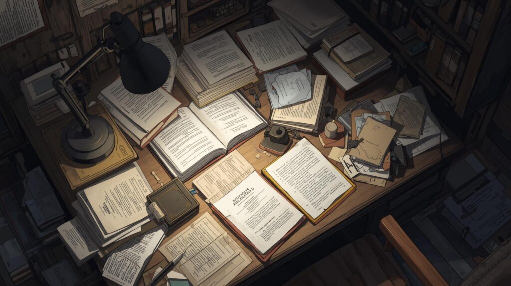 Escritorio con papeles desordenados iluminado por una luz tenue, simbolizando el proceso íntimo de escribir con el alma.